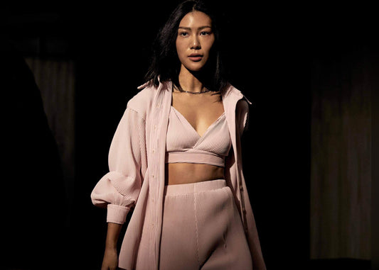 Influencer Molly Chiang wears total pink set from Klei Studio